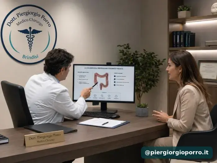 Medico e paziente davanti al computer in uno studio con logo